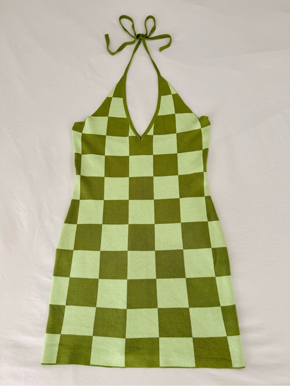The Vintage Shop Green Checkerboard Halter Knit Mini Dress Juniors L Retro Mod